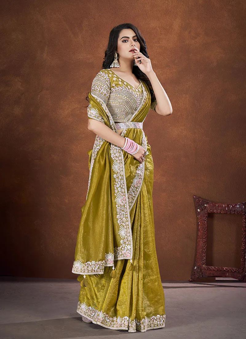 Mehendi Green Sequence And Thread Embroidery Saree With Belt