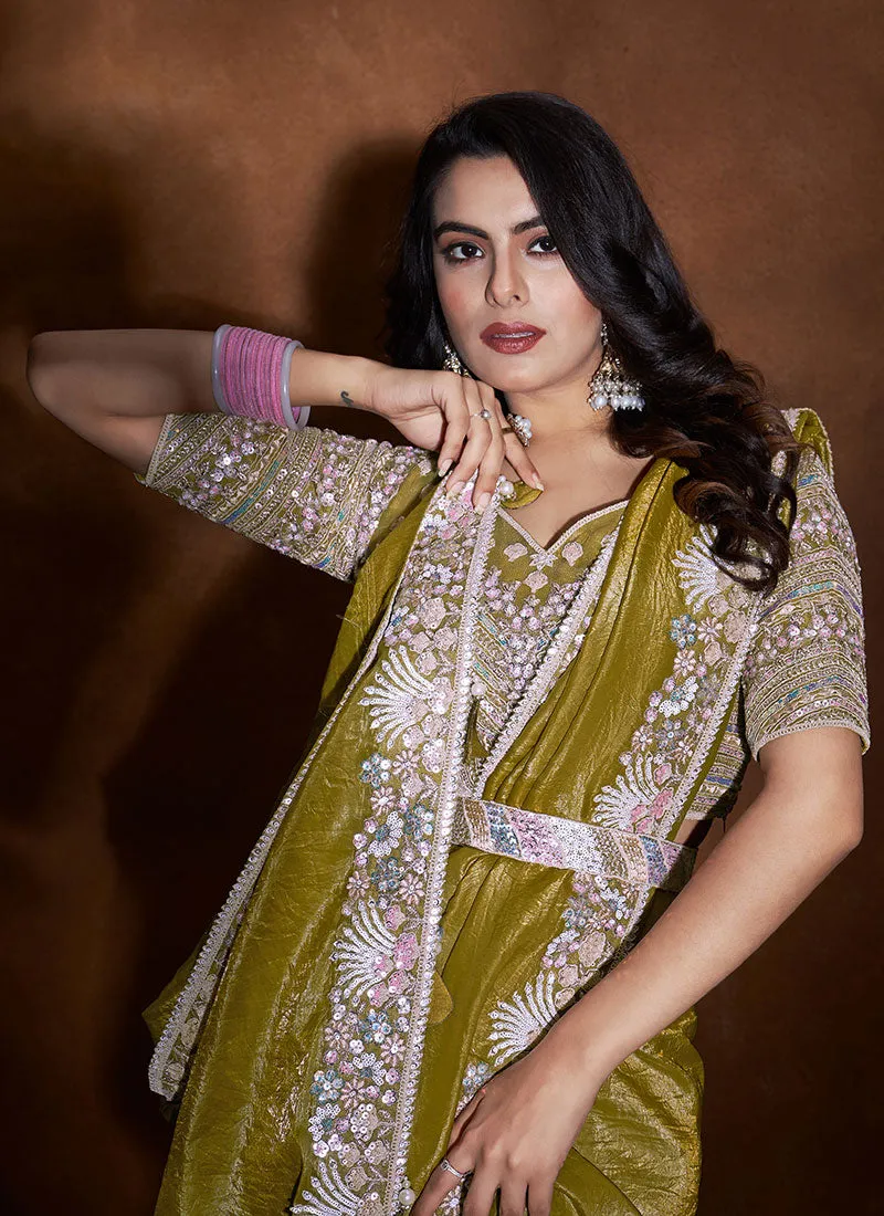 Mehendi Green Sequence And Thread Embroidery Saree With Belt