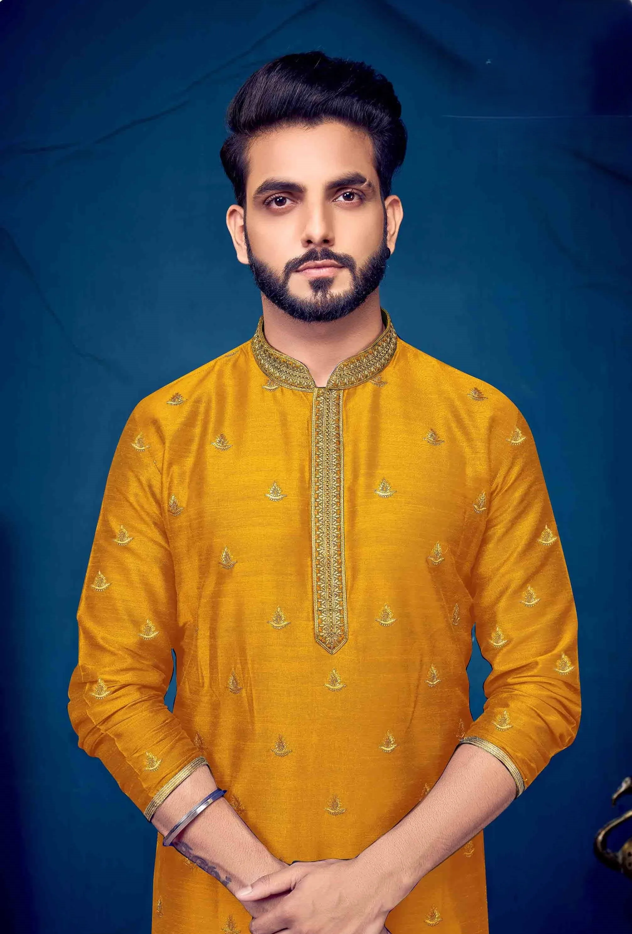 Men Mustard Yellow Slub Silk Embroidered Kurta Pyjama