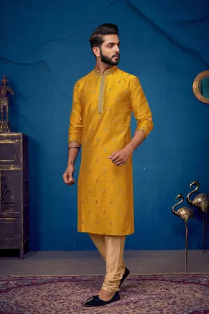 Men Mustard Yellow Slub Silk Embroidered Kurta Pyjama