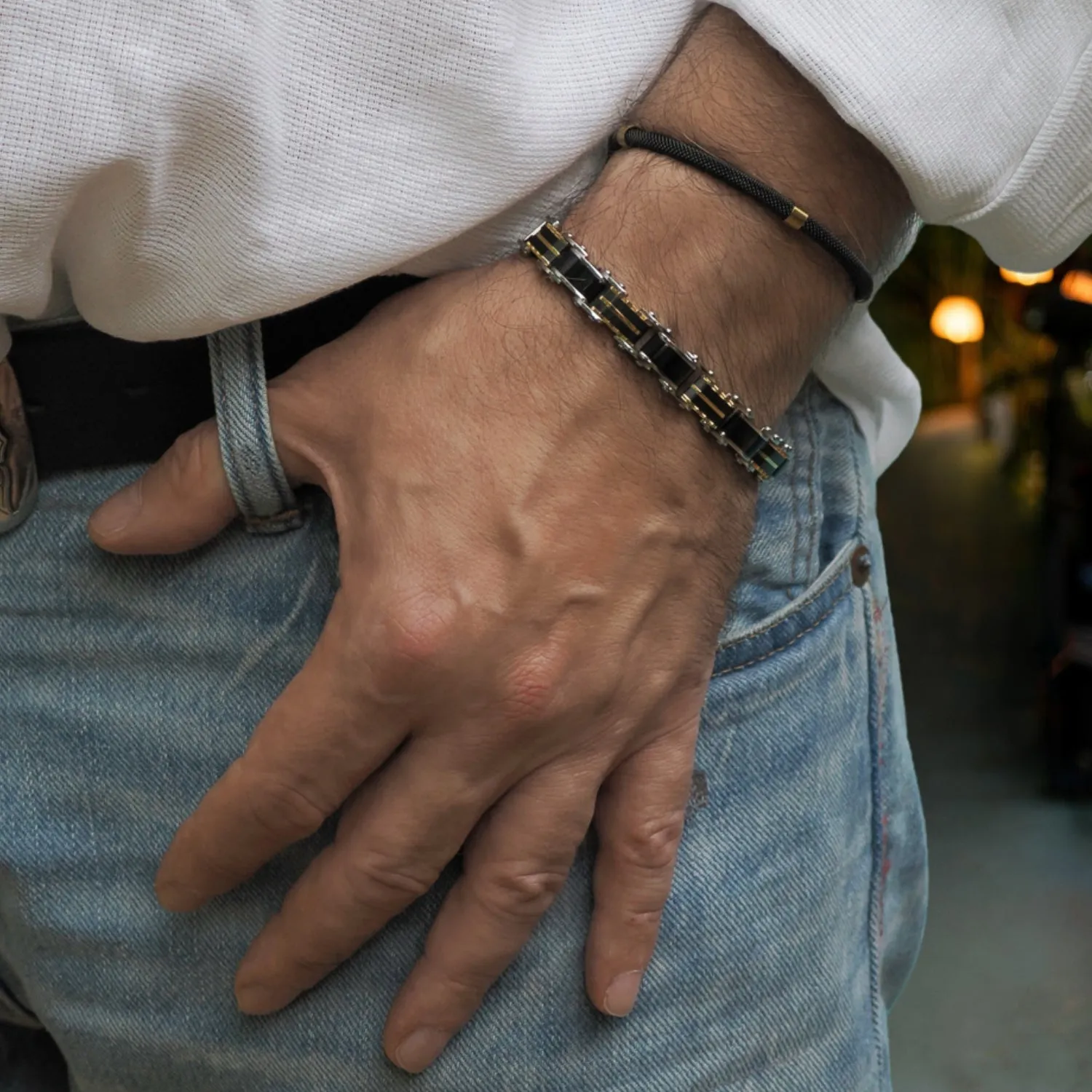 Men's Fashion Style Black Steel & Gold Bracelet
