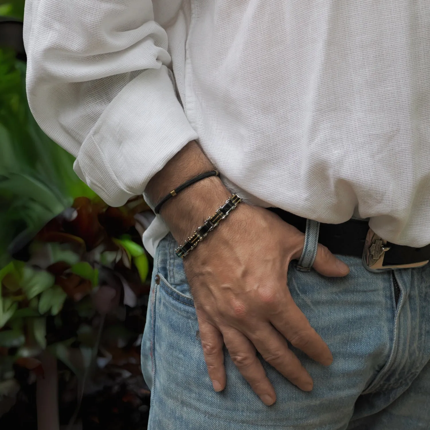 Men's Fashion Style Black Steel & Gold Bracelet