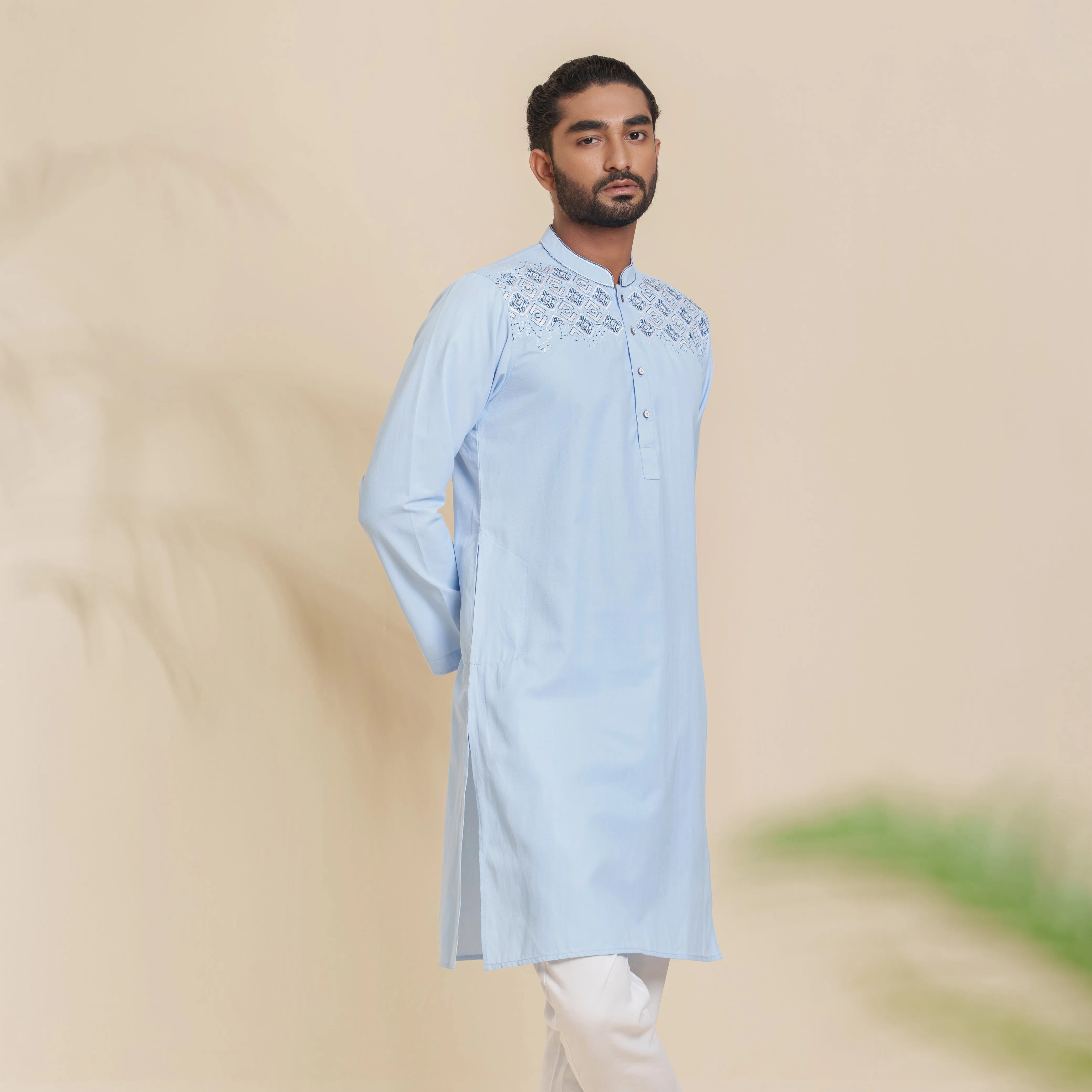 Mens Sky-Blue Embroidery Panjabi