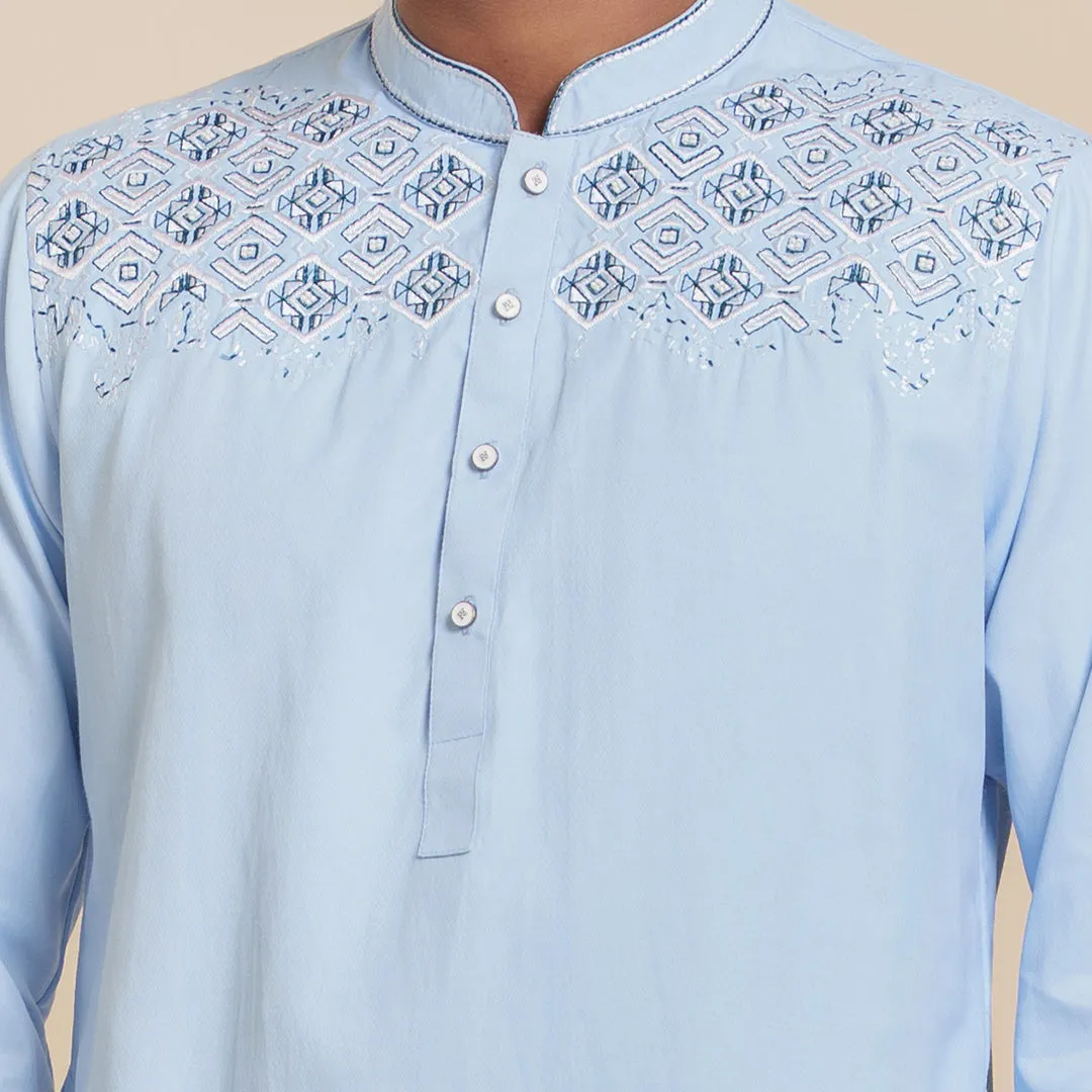 Mens Sky-Blue Embroidery Panjabi