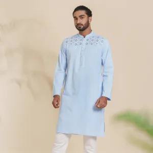 Mens Sky-Blue Embroidery Panjabi