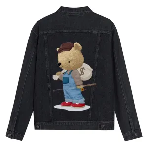 Mens Vintage Cartoon Cute Bear Fishing Prints Denim Jacket