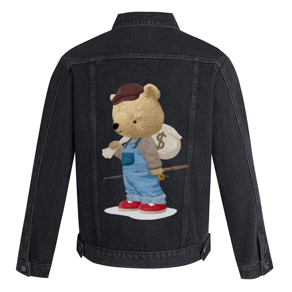 Mens Vintage Cartoon Cute Bear Fishing Prints Denim Jacket