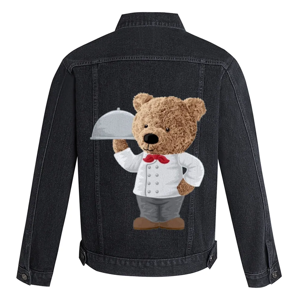 Mens Vintage Cartoon Cute Bear Prints Chef Denim Jacket