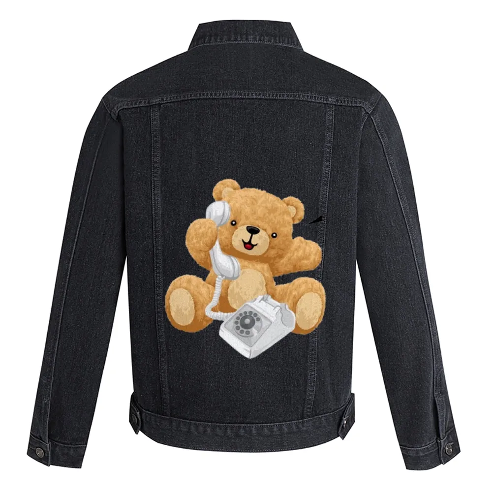 Mens Vintage Cartoon Cute Bear Prints Denim Jacket