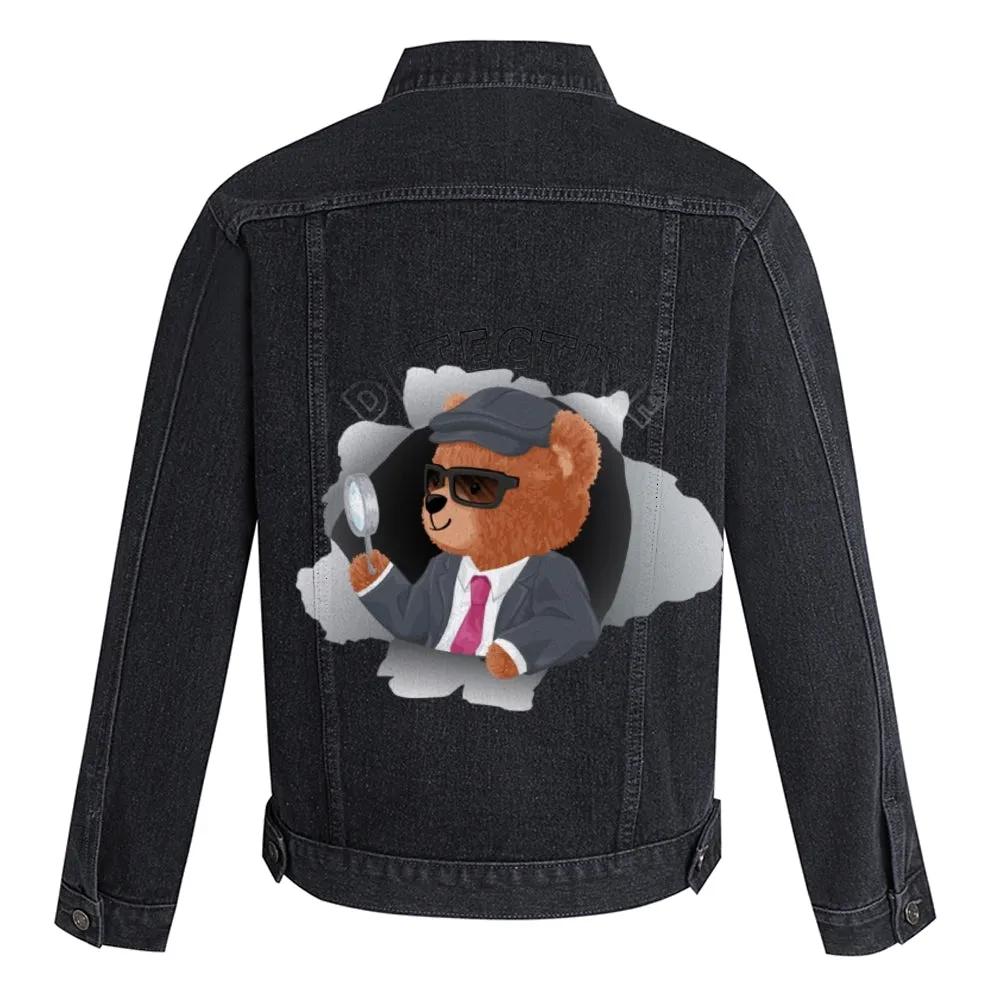 Mens Vintage Cartoon Cute Bear Prints Denim Jacket