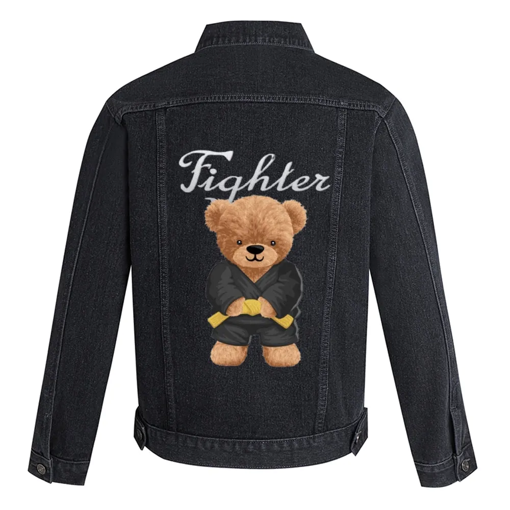 Mens Vintage Cartoon Cute Bear Prints Denim Jacket