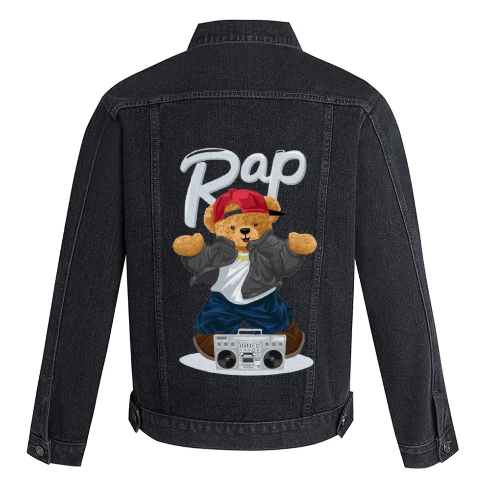 Mens Vintage Cartoon Prints Cute Bear Denim Jacket