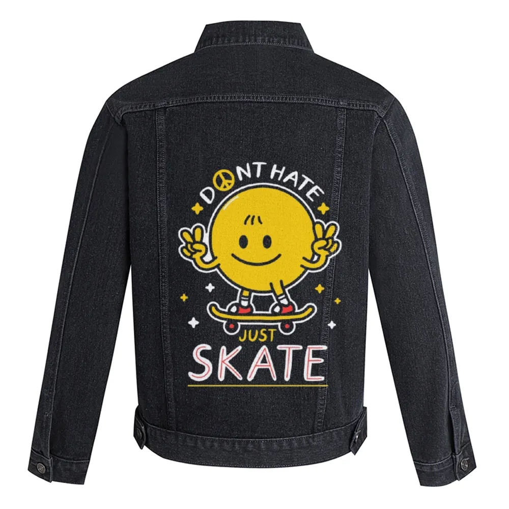 Mens Vintage Cartoon Prints Don't Hate Just Skate Denim Jacket