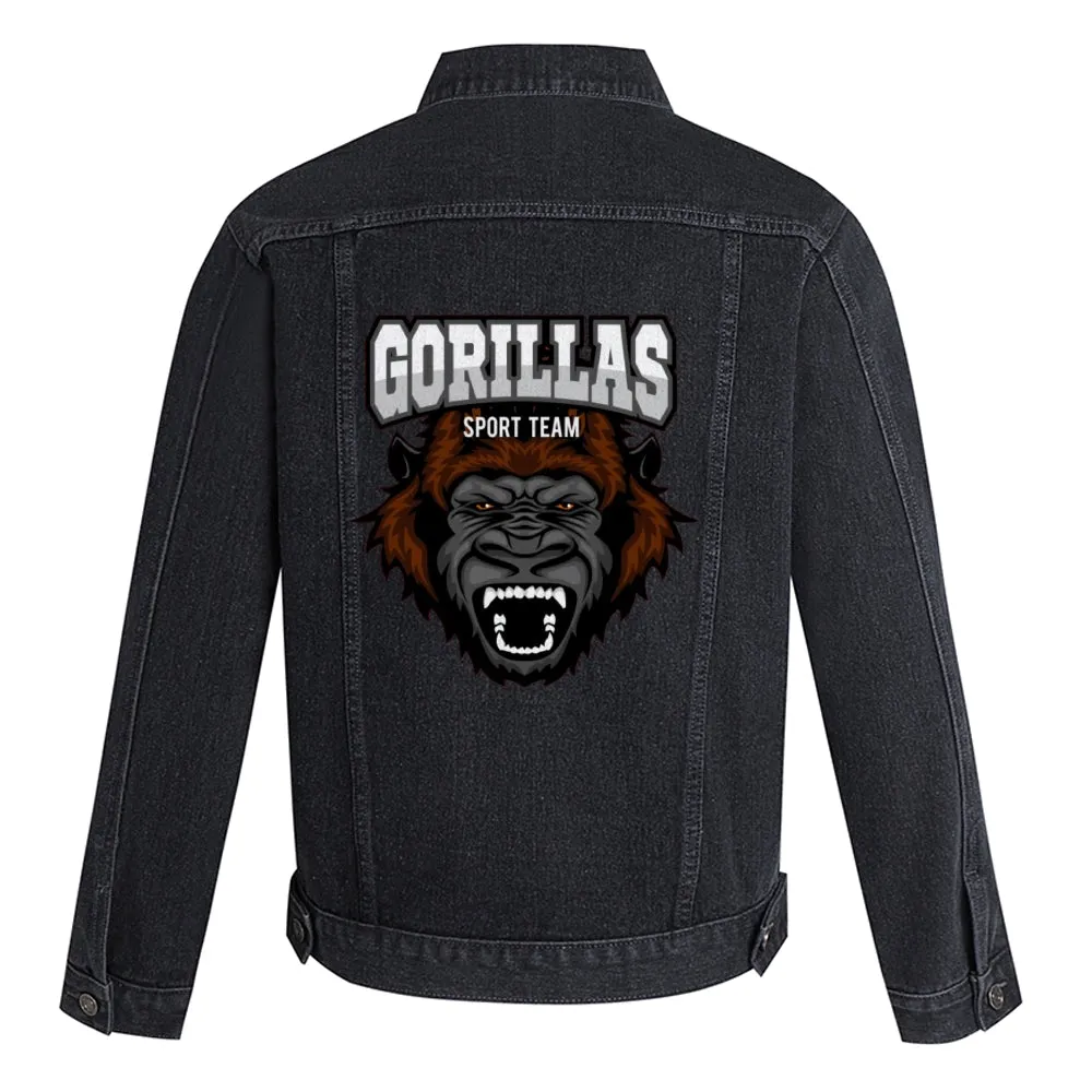 Mens Vintage Cartoon Prints GORILLAS SPORT TEAM Denim Jacket