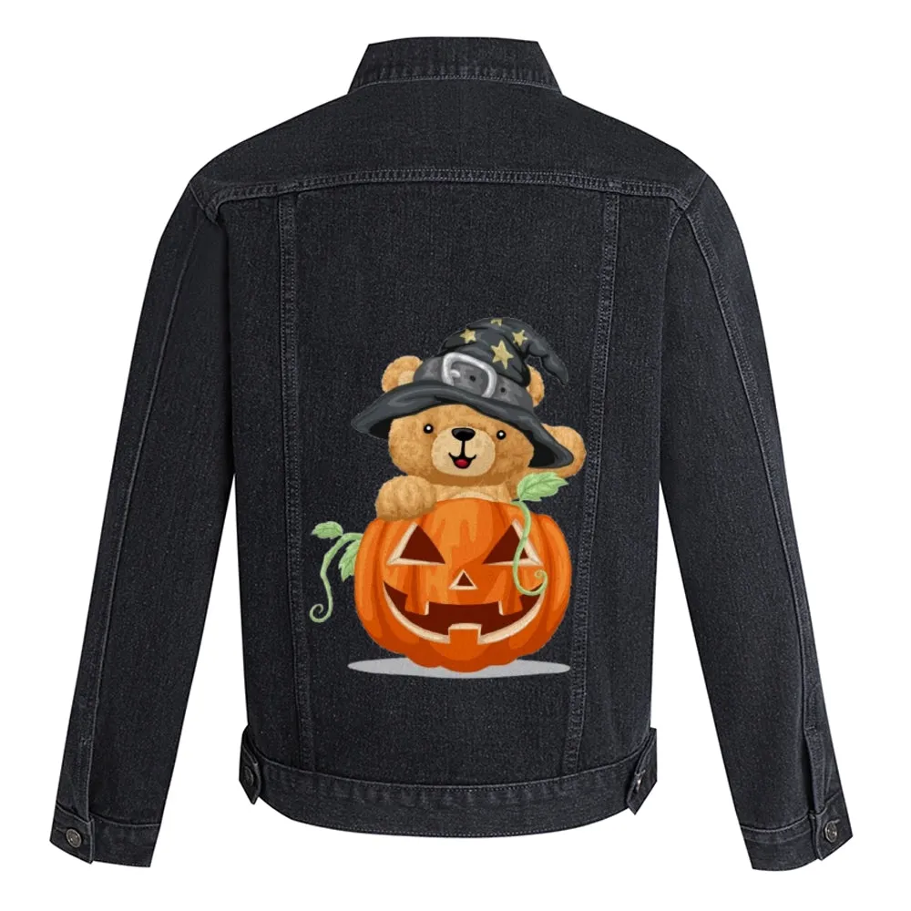 Mens Vintage Cartoon Prints Halloween Pumpkin Cute Bear Denim Jacket