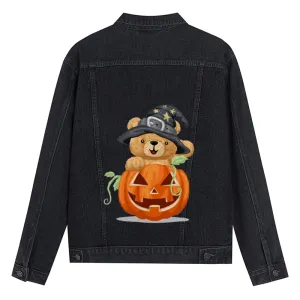Mens Vintage Cartoon Prints Halloween Pumpkin Cute Bear Denim Jacket