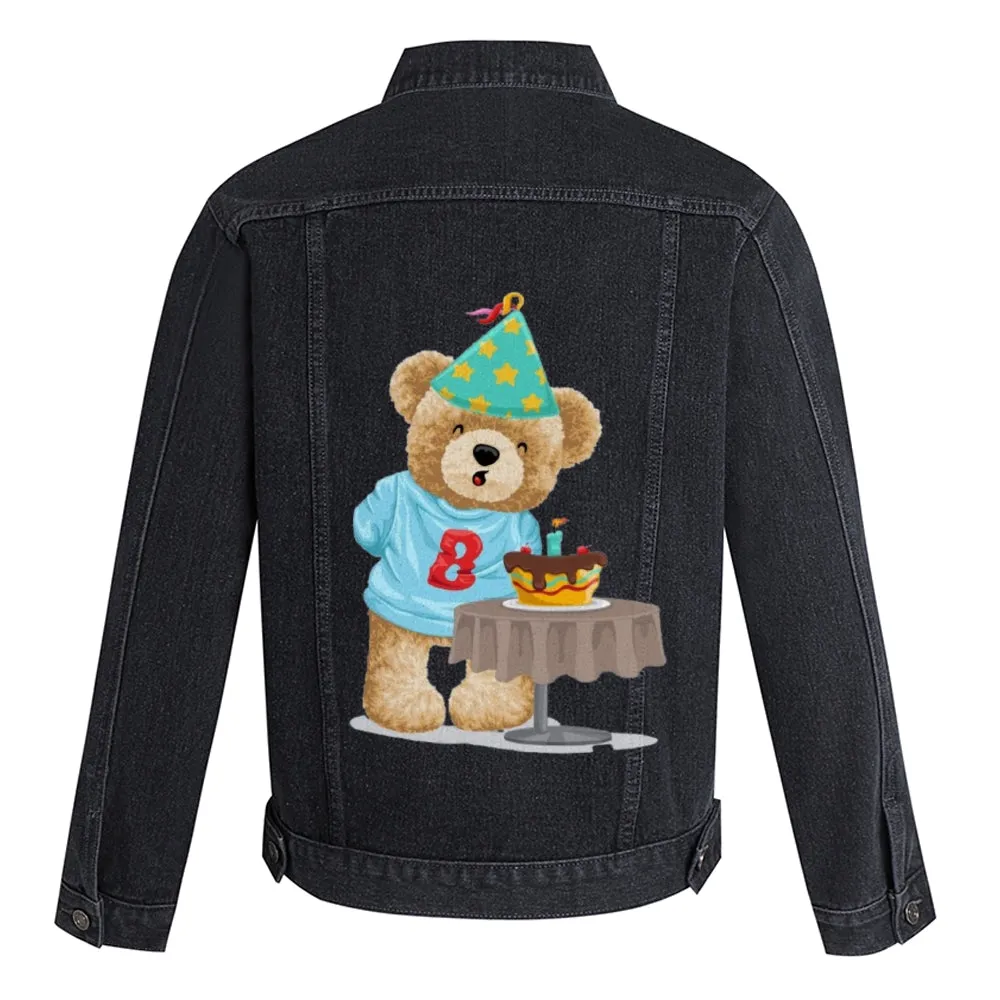 Mens Vintage Cartoon Prints Happy Birthday To Cute Little Bear Denim Jacket