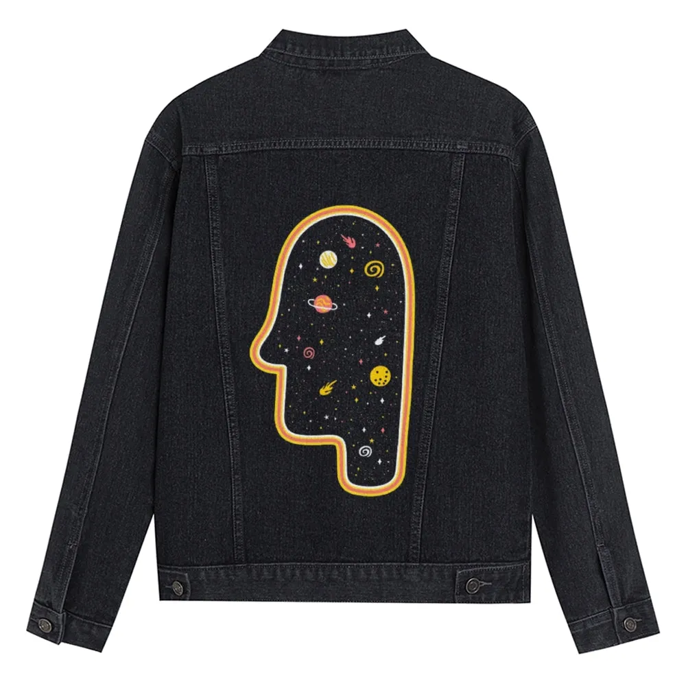 Mens Vintage Cartoon Prints Milky Way Denim Jacket