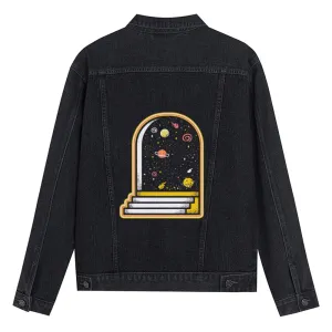 Mens Vintage Cartoon Prints Milky Way Denim Jacket