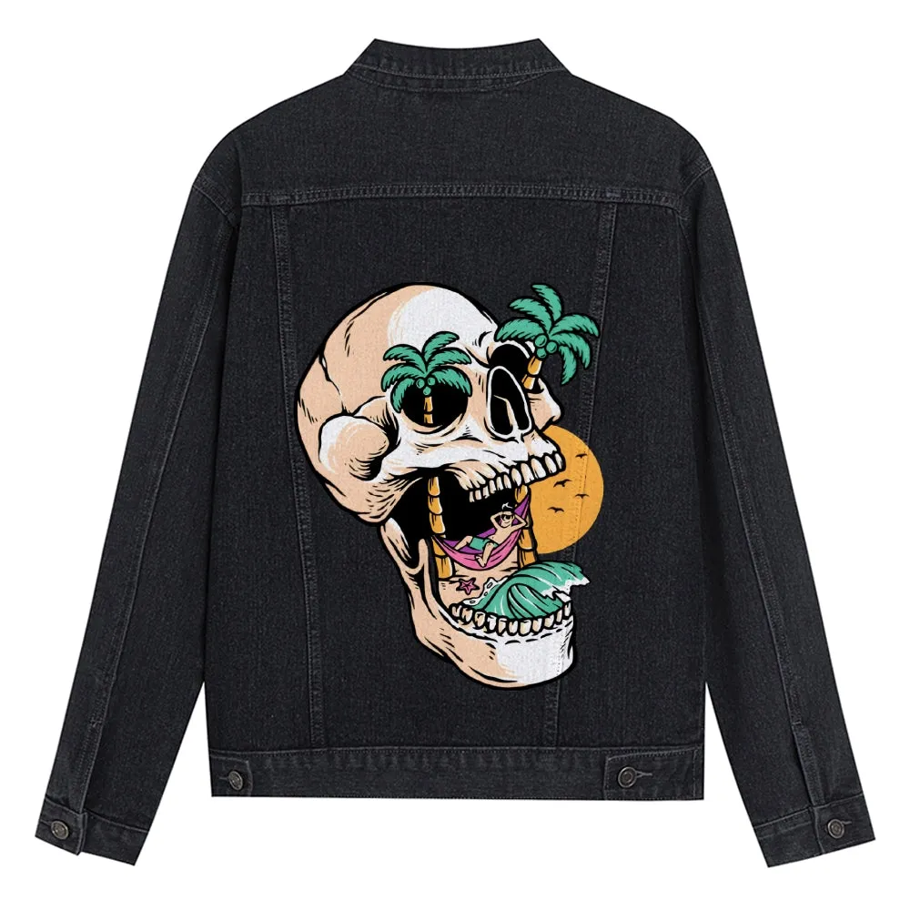 Mens Vintage Cartoon Prints Skeleton Denim Jacket