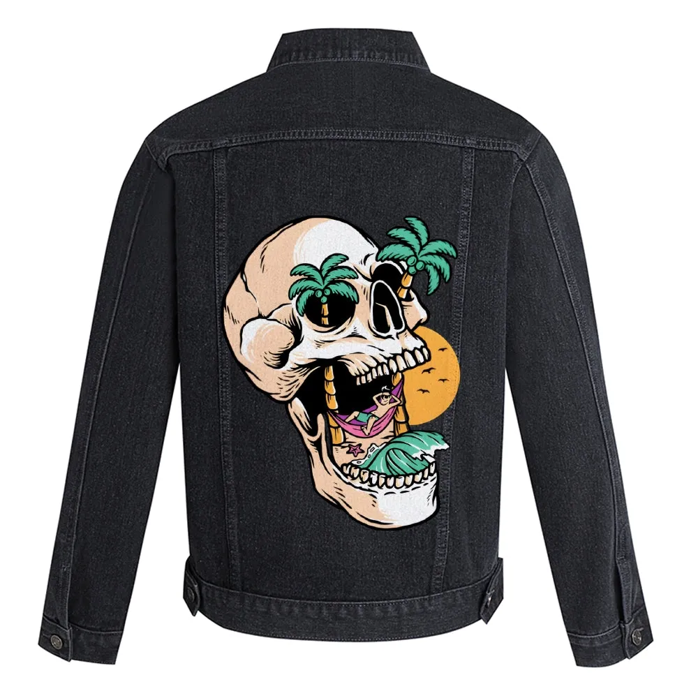Mens Vintage Cartoon Prints Skeleton Denim Jacket