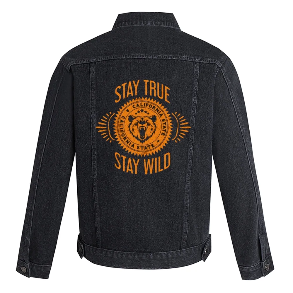 Mens Vintage Cartoon Prints STAY TRUE STAY WILD Denim Jacket