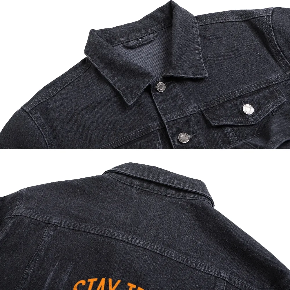 Mens Vintage Cartoon Prints STAY TRUE STAY WILD Denim Jacket