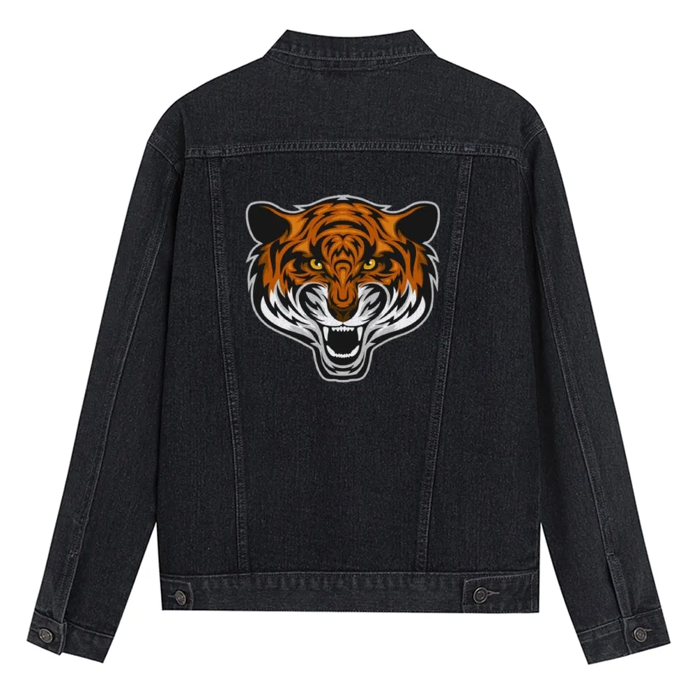 Mens Vintage Cartoon Prints Tiger Head Denim Jacket