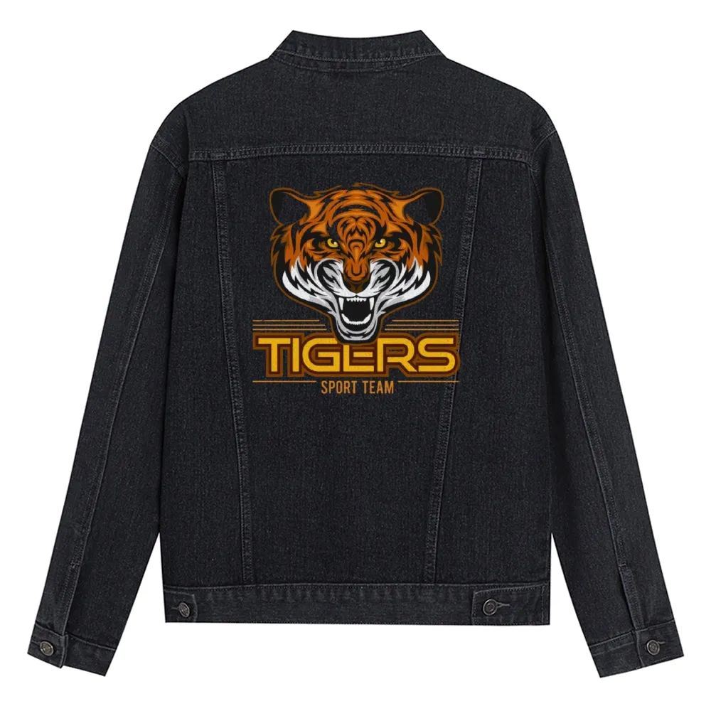Mens Vintage Cartoon Prints TIGERS SPORT TEAM Denim Jacket