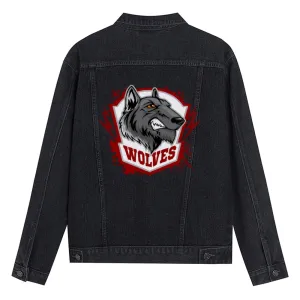 Mens Vintage Cartoon Prints WOLVES Denim Jacket