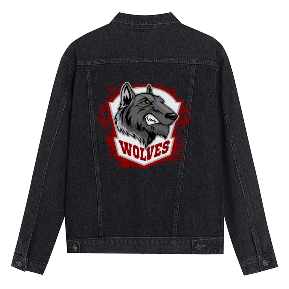 Mens Vintage Cartoon Prints WOLVES Denim Jacket