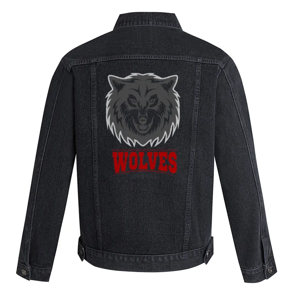 Mens Vintage Cartoon Prints WOLVES Denim Jacket