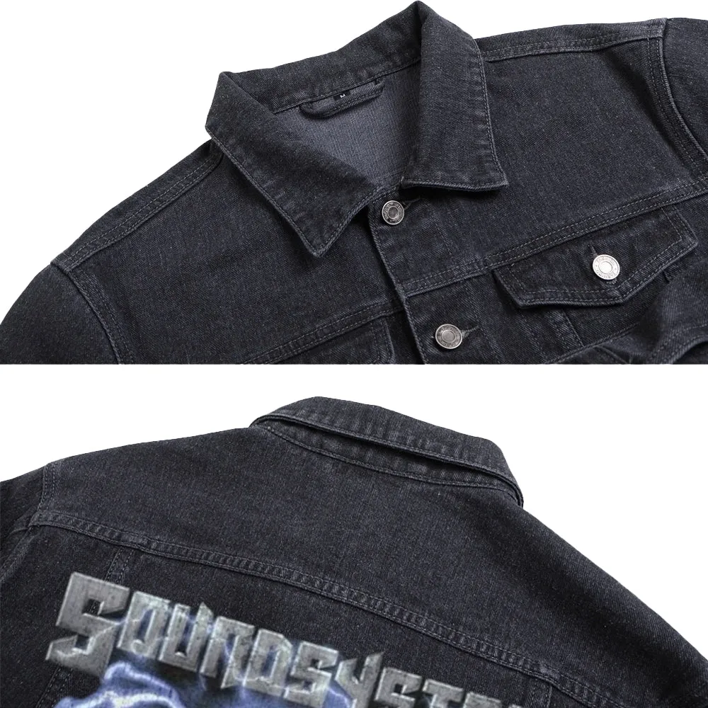 Mens Vintage Gothic Rock Graphic Button Up Denim Jacket
