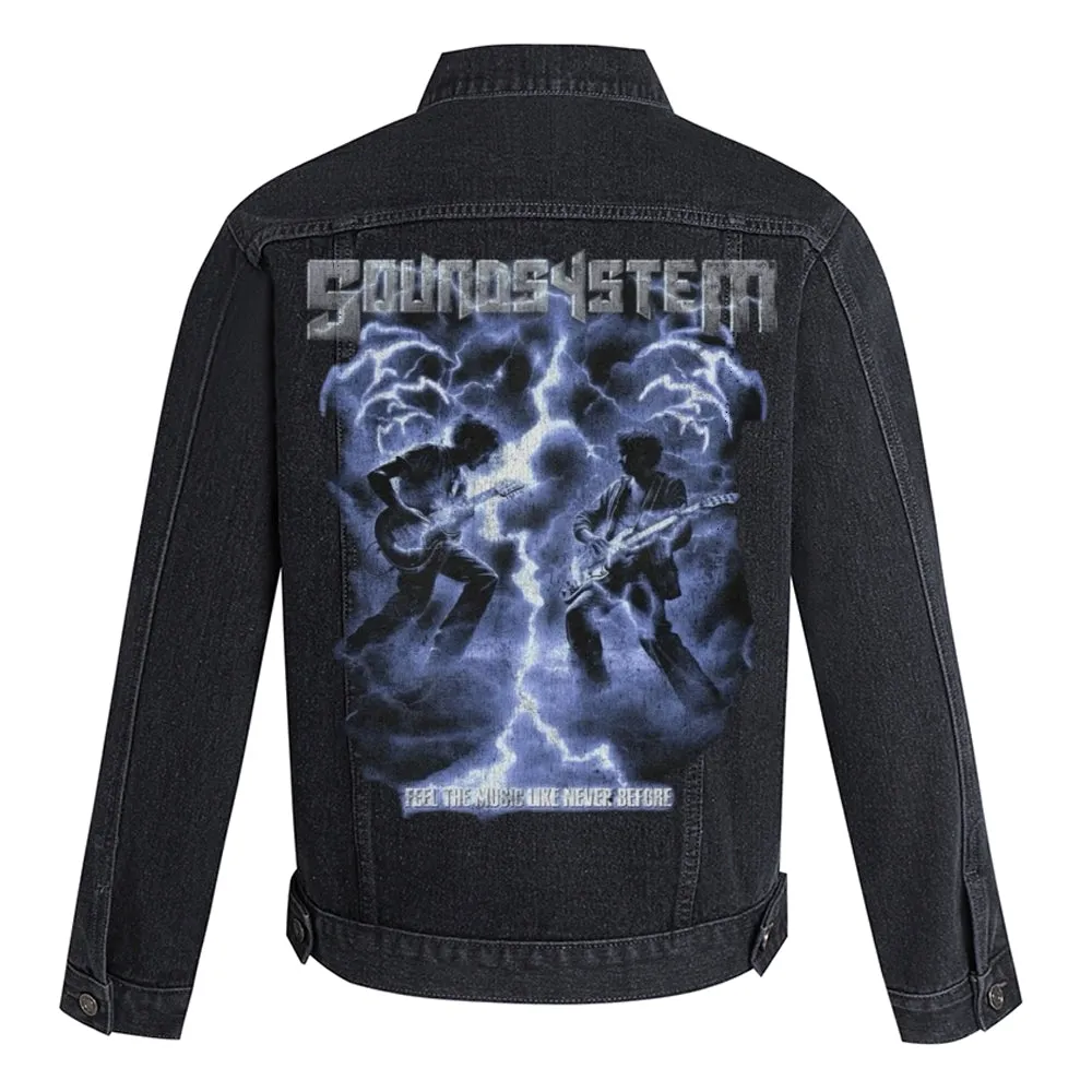 Mens Vintage Gothic Rock Graphic Button Up Denim Jacket