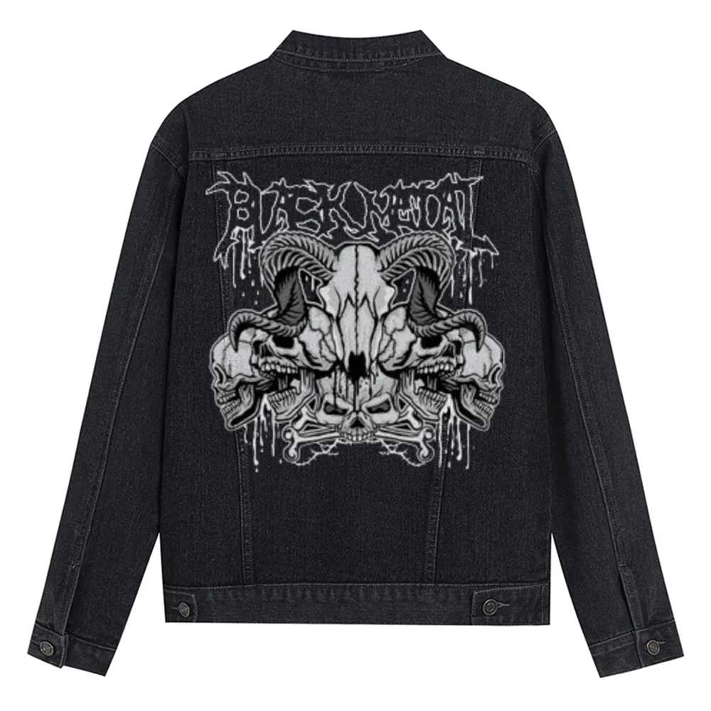 Mens Vintage Gothic Skull Graphic Button Up Denim Jacket