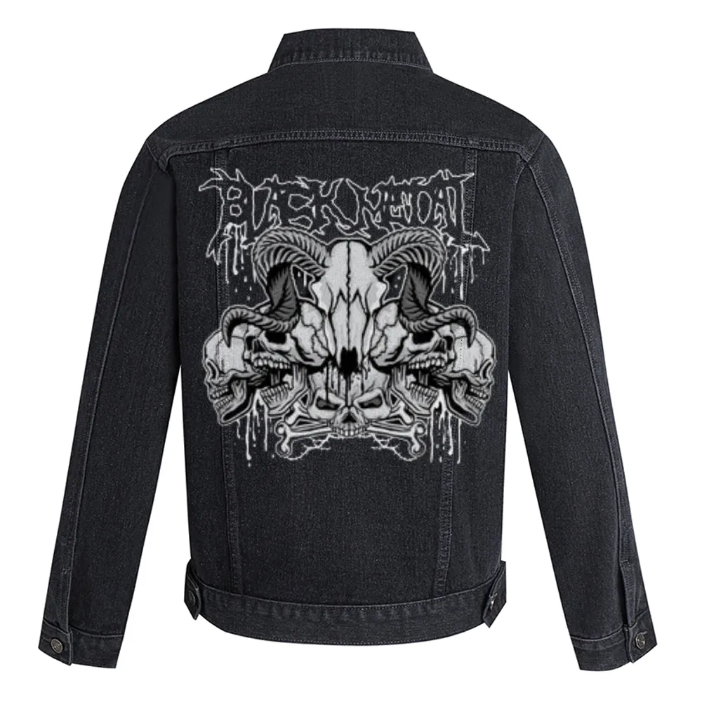 Mens Vintage Gothic Skull Graphic Button Up Denim Jacket