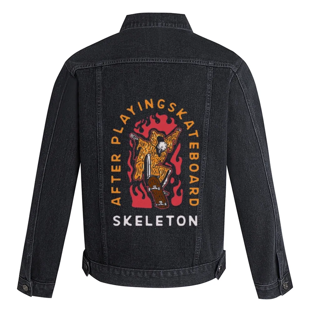 Mens Vintage Skate Cartoon Prints AFTER PLAYING SKATEBOARD SKELETON Denim Jacket