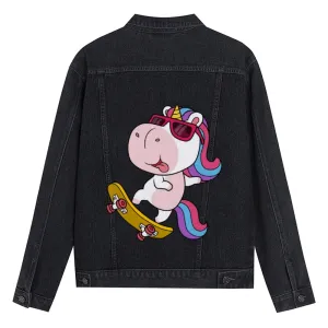 Mens Vintage Skate Cartoon Prints Colorful Unicorn Pony Denim Jacket