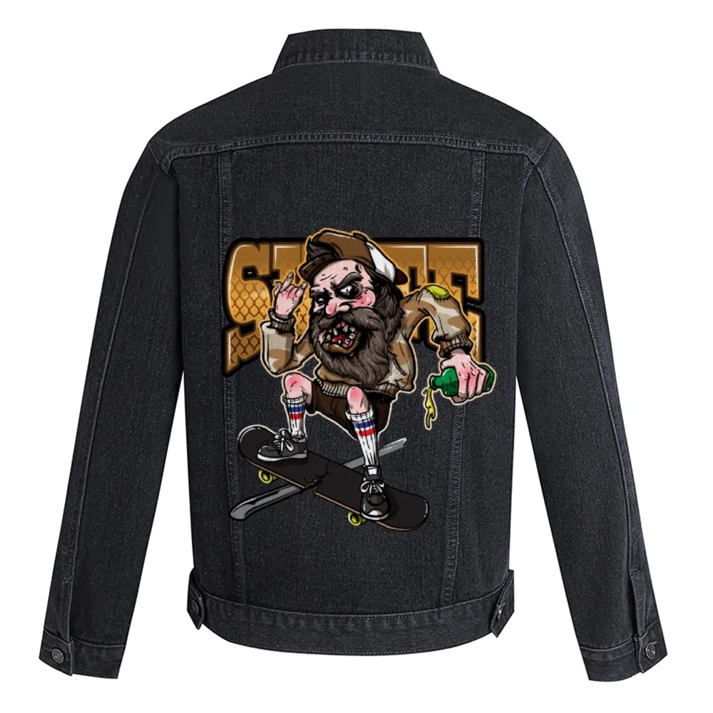 Mens Vintage Skate Cartoon Prints Denim Jacket