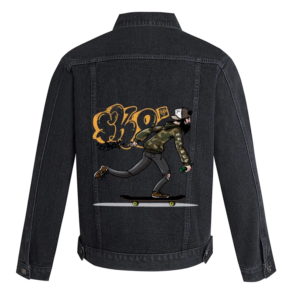 Mens Vintage Skate Cartoon Prints Denim Jacket