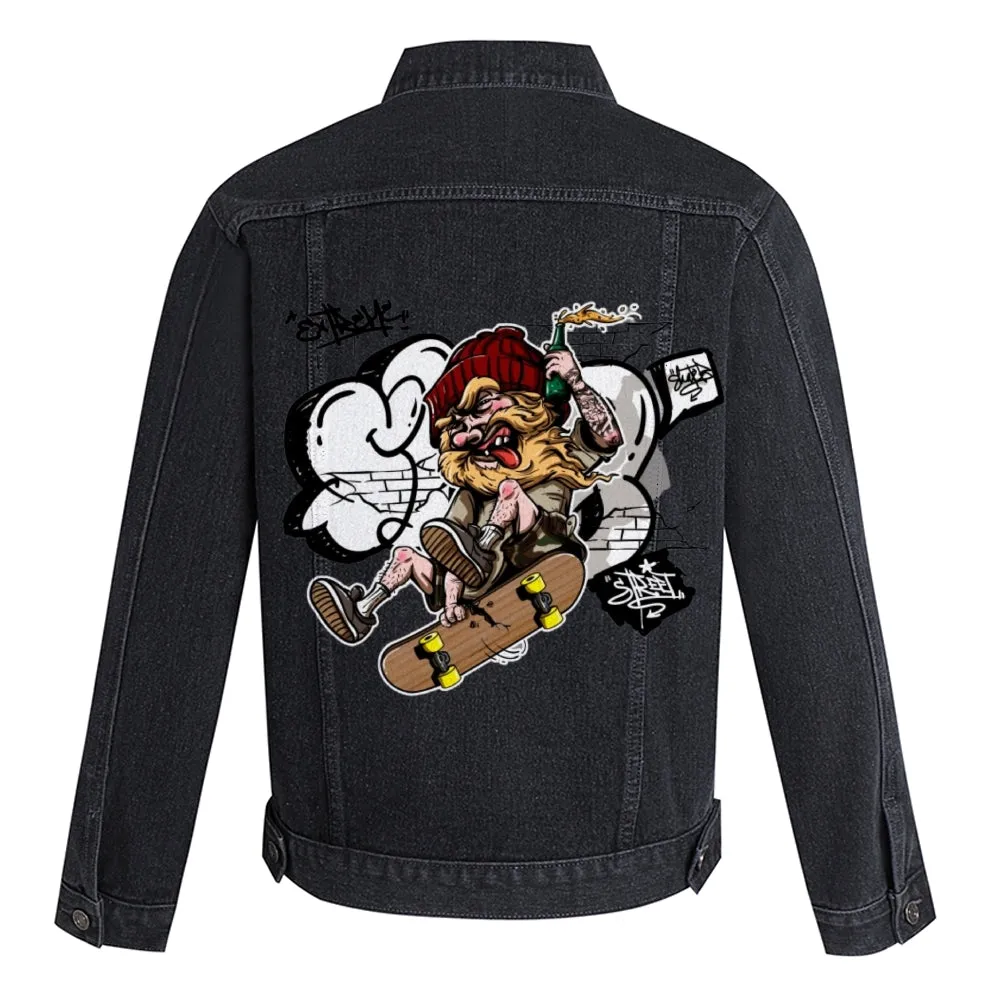 Mens Vintage Skate Cartoon Prints Denim Jacket