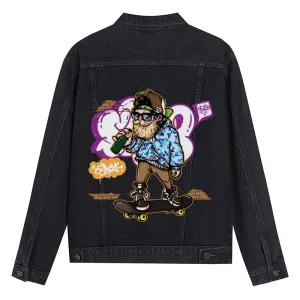 Mens Vintage Skate Cartoon Prints Denim Jacket