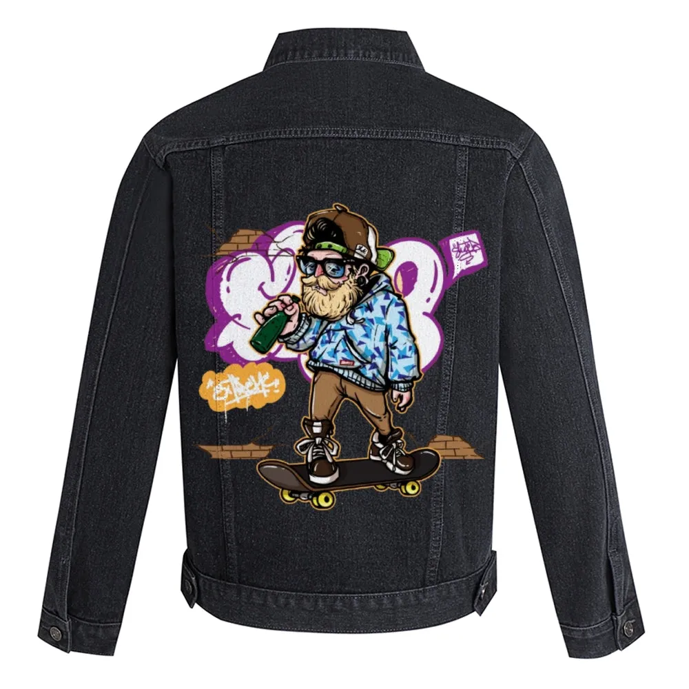 Mens Vintage Skate Cartoon Prints Denim Jacket