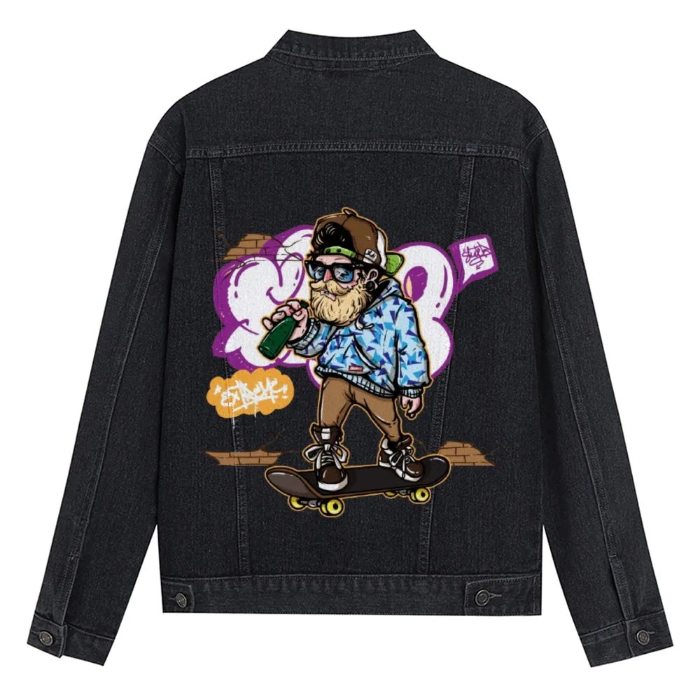 Mens Vintage Skate Cartoon Prints Denim Jacket