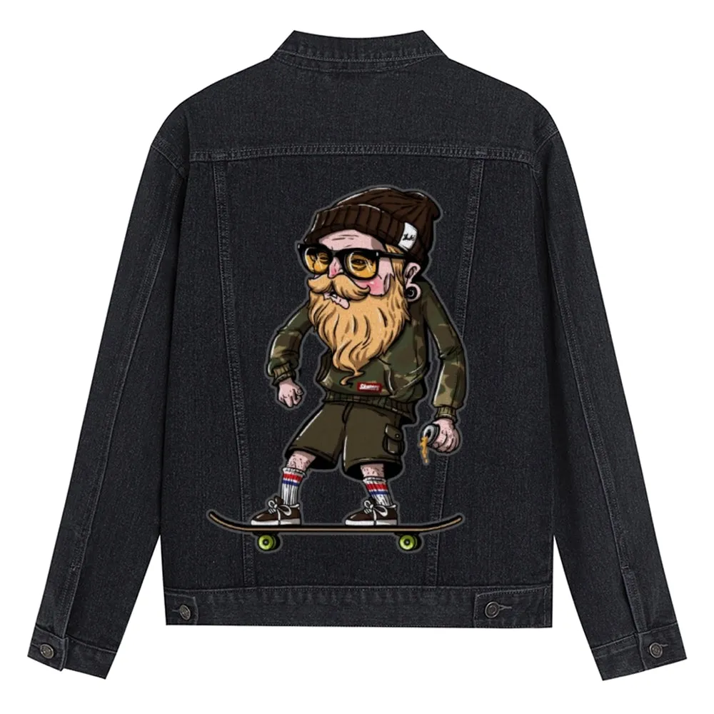 Mens Vintage Skate Cartoon Prints Denim Jacket