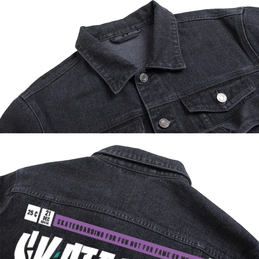 Mens Vintage Skate Cartoon Prints Skate Board Denim Jacket