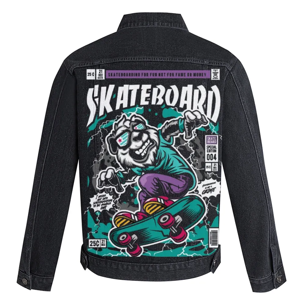Mens Vintage Skate Cartoon Prints Skate Board Denim Jacket