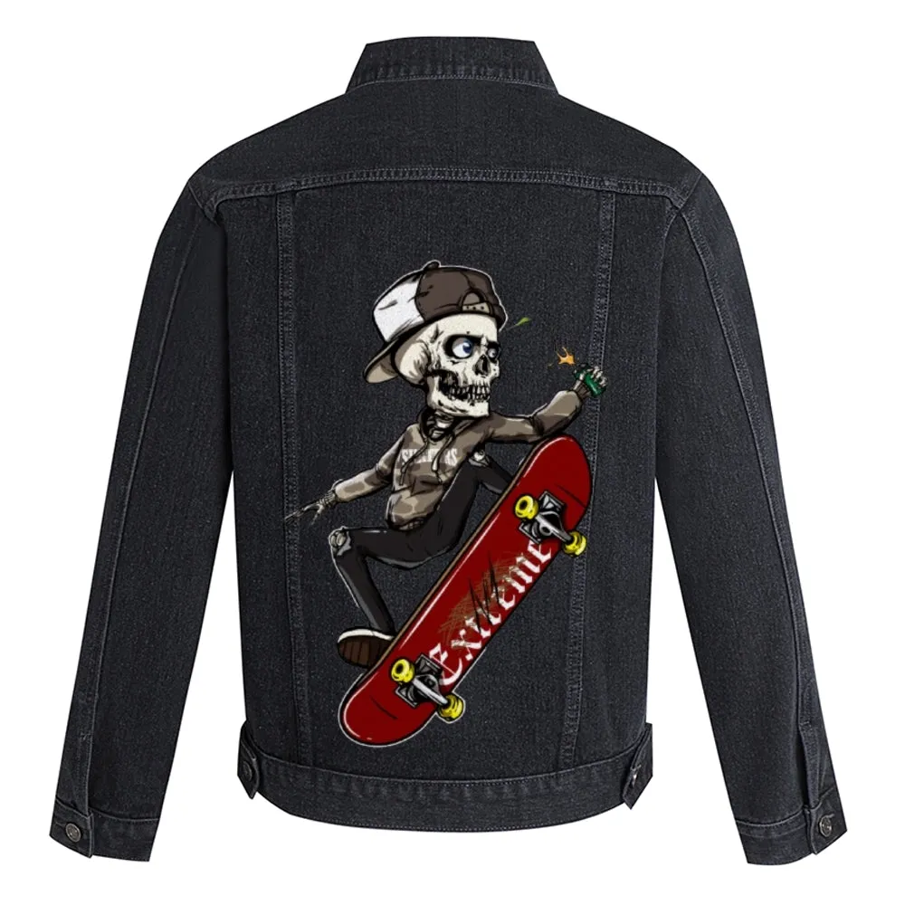 Mens Vintage Skate Cartoon Prints Skeleton Denim Jacket
