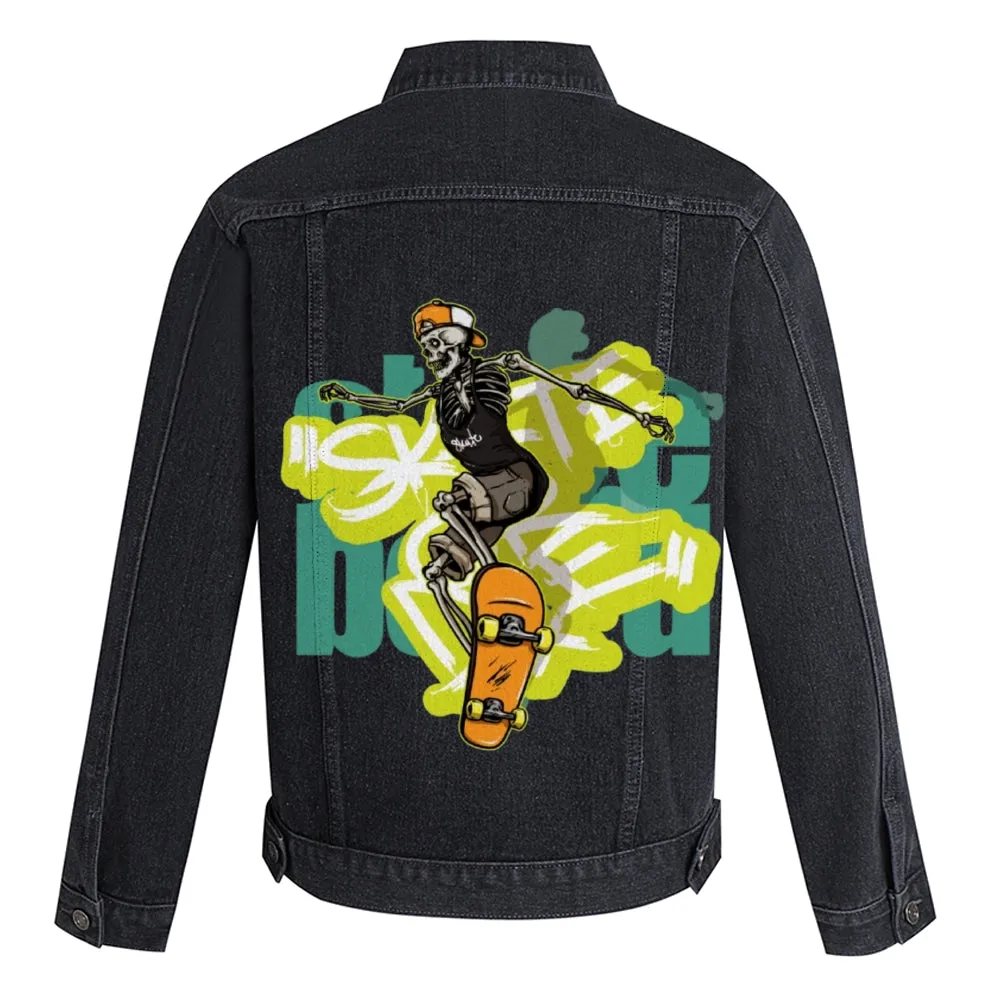 Mens Vintage Skate Cartoon Prints Skeleton Denim Jacket