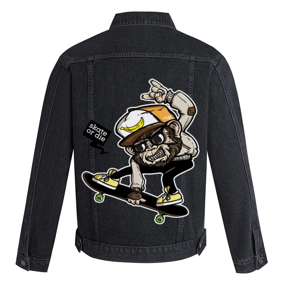 Mens Vintage Skate Or Die Cartoon Prints Denim Jacket